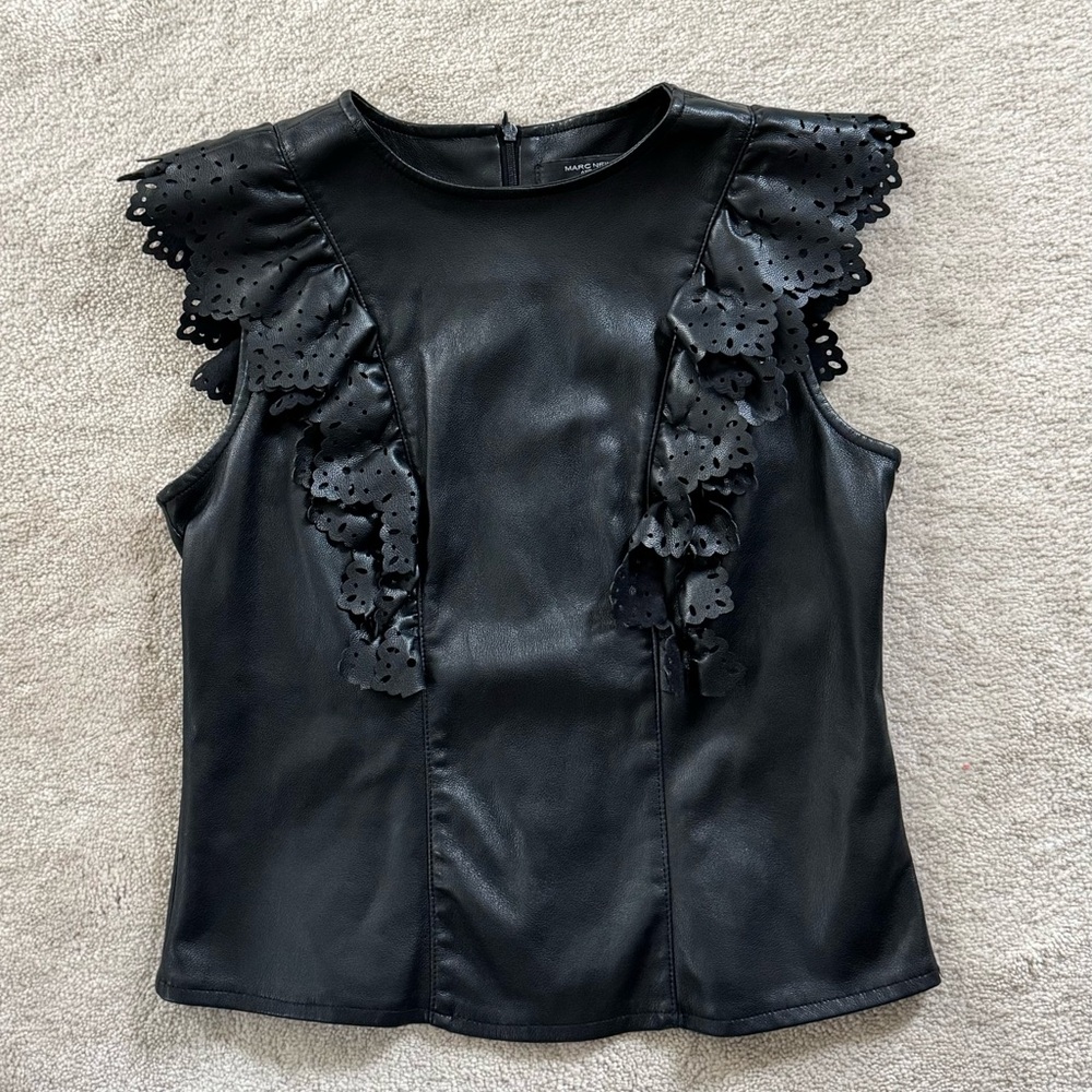 Andrew Marc New York Black Faux Leather Top with Eyelet Ruffles XS